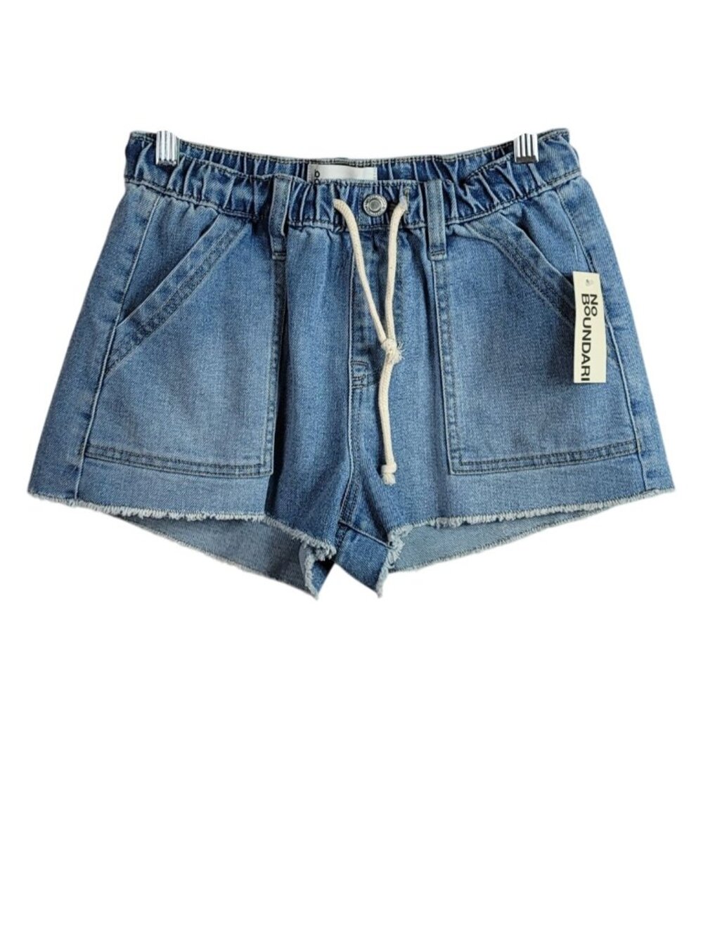 No Boundaries Utility Denim Shorts Blue SZ 0-2 XS Cut Off Pockets Drawstring NEW